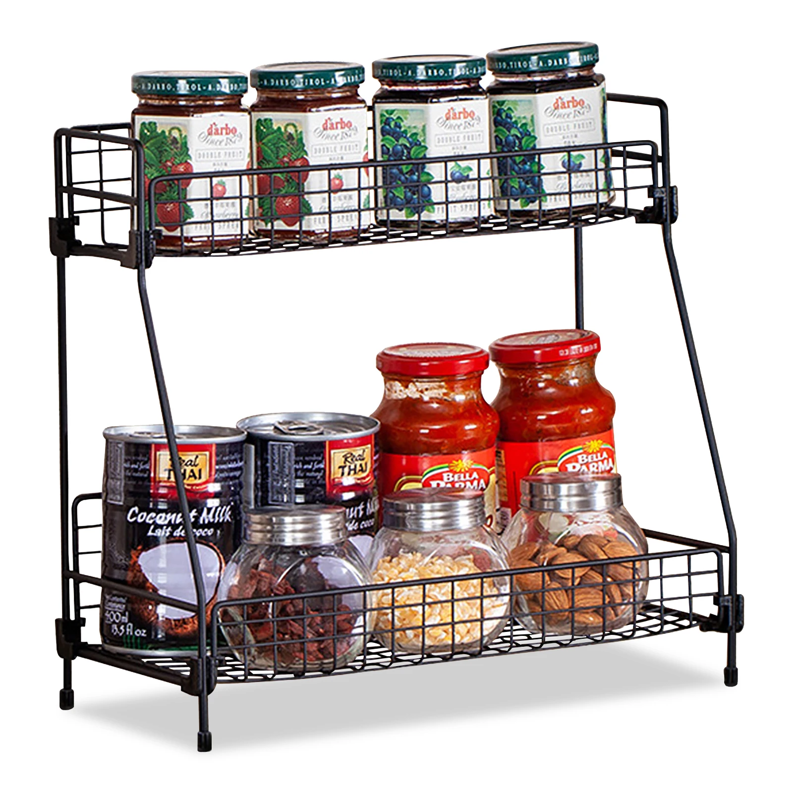 Standing 2 Tiers Spice Herb Jar Rack Holder Storage Organizer Counter Shelf Black: 3 - 5 Days Free Delivery Only UK