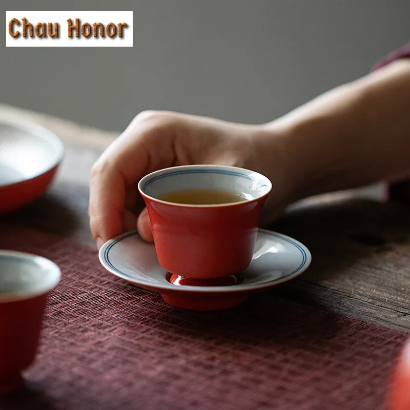 45ml Coral Red Glaze Ceramic Tea Cup With Coaster Hand-painted Double Line Single Master Cup Household Set Kung Fu Teaware Set