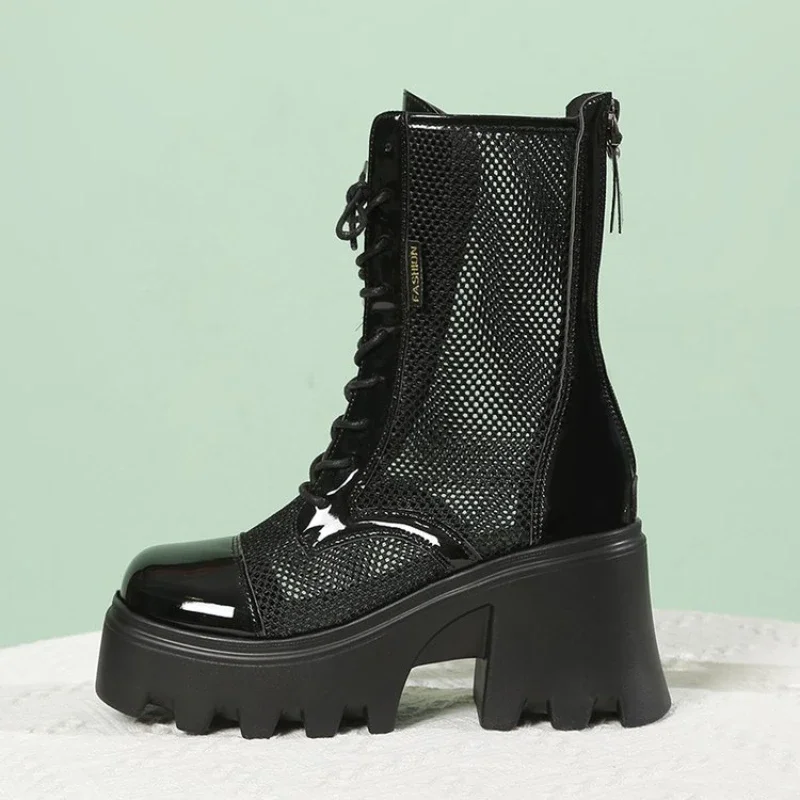 New  Summer Platform Ankle Boots for Women Black White Mesh Breathable Sandals Casual Shoes Woman Zip Thick Bottom Booties