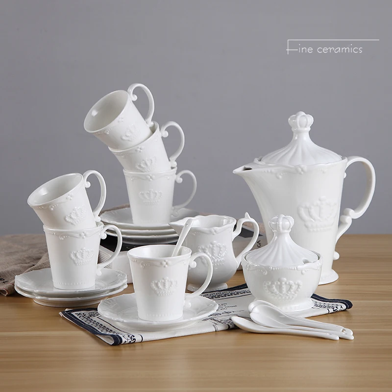 

21pc set, white embossed porcelain coffee pot cup set, court crown design court, palace nespresso cup set, vintage tea party