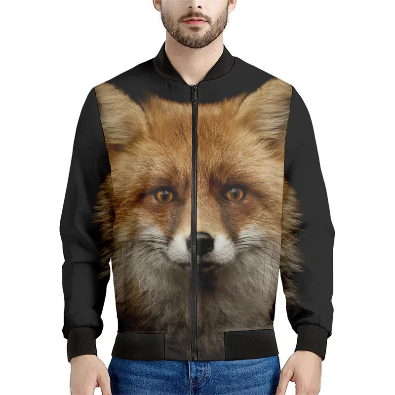 Bonita chaqueta con cremallera y estampado de zorro para hombre, divertida chaqueta con estampado 3D de animales, de manga larga, informal, holgada, para primavera y otoño