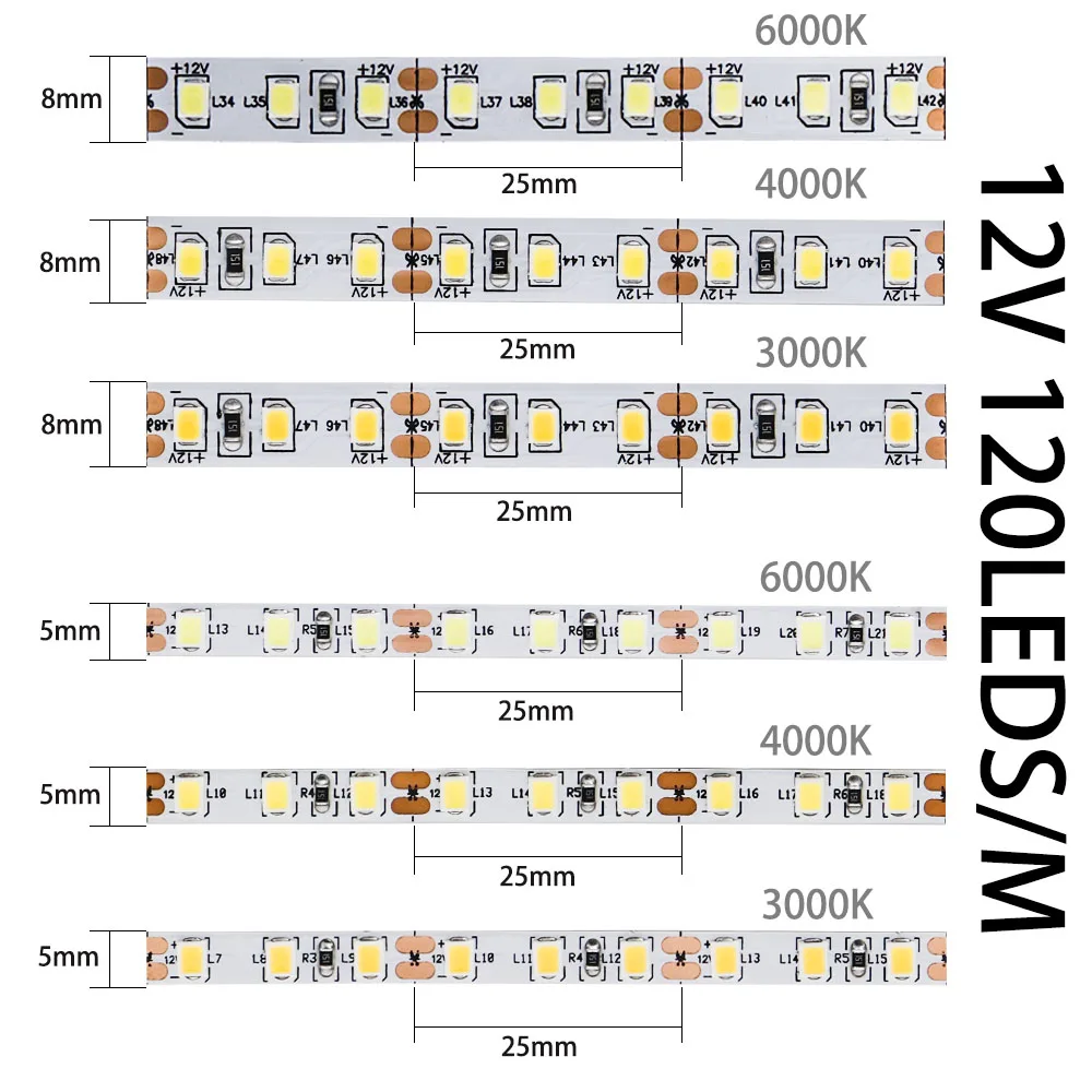 5M 2835SMD 60/120Leds/m LED Strip White/Nature White/Warm