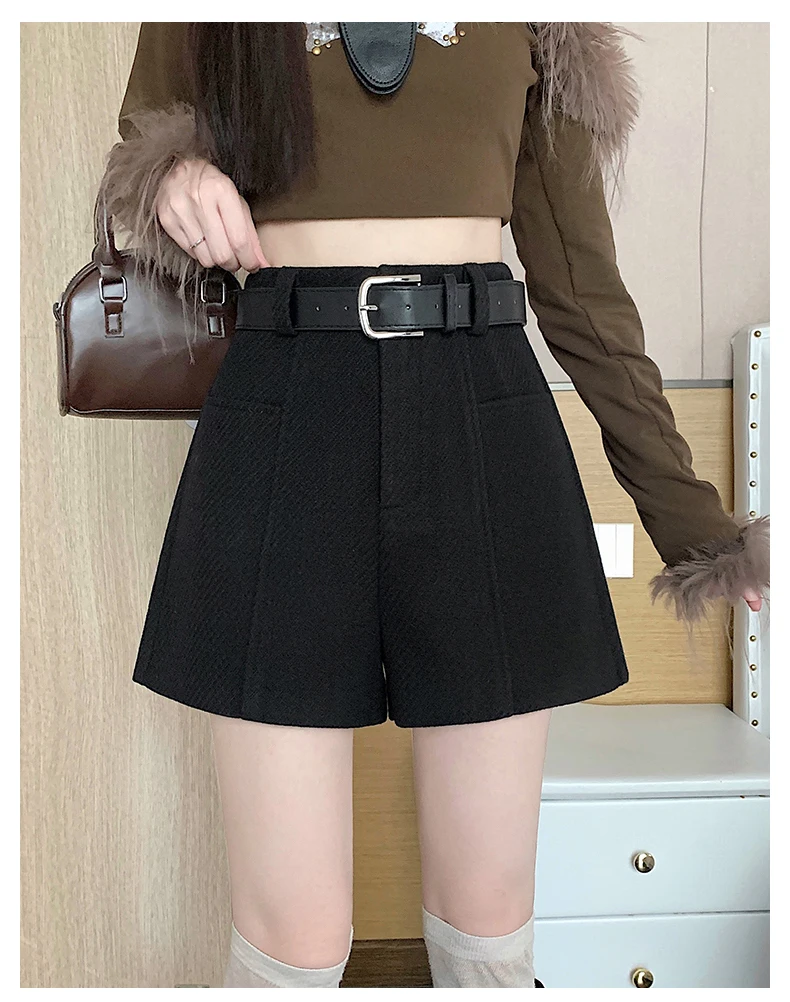 2025 Streetwear Woolen Winter Shorts Frau Casual Lose Breite Bein Kurze Hosen Femme Mit Gürtel Booty Grau Schwarz Cargo-Shorts frauen – Detail 12
