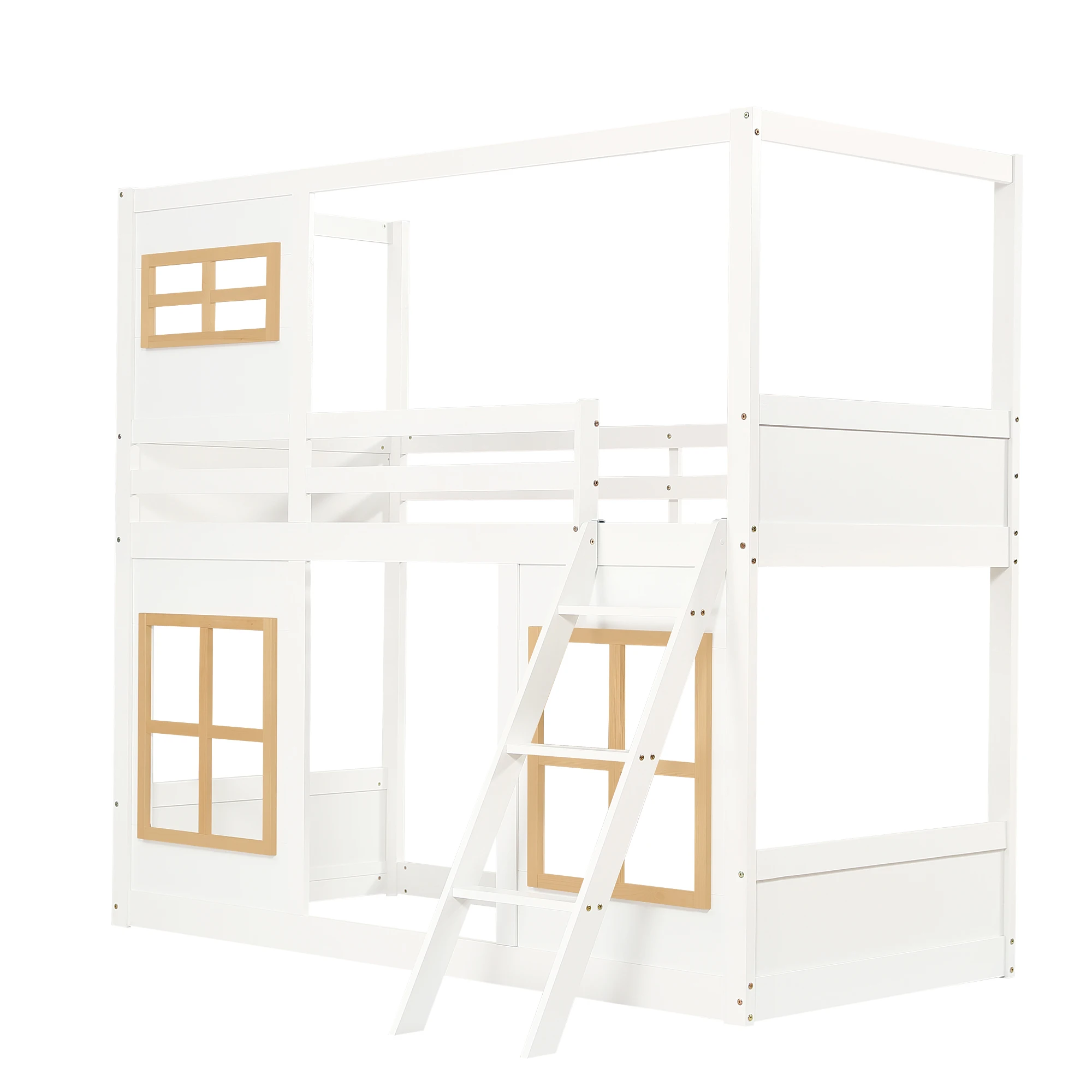 Etagenbett, Kinderbett, mit schönen Fenstern, stabile Leiter, mit vierseitigem Geländer, Kiefer + MDF + Sperrholz, weiß + naturfarben – Detail 13