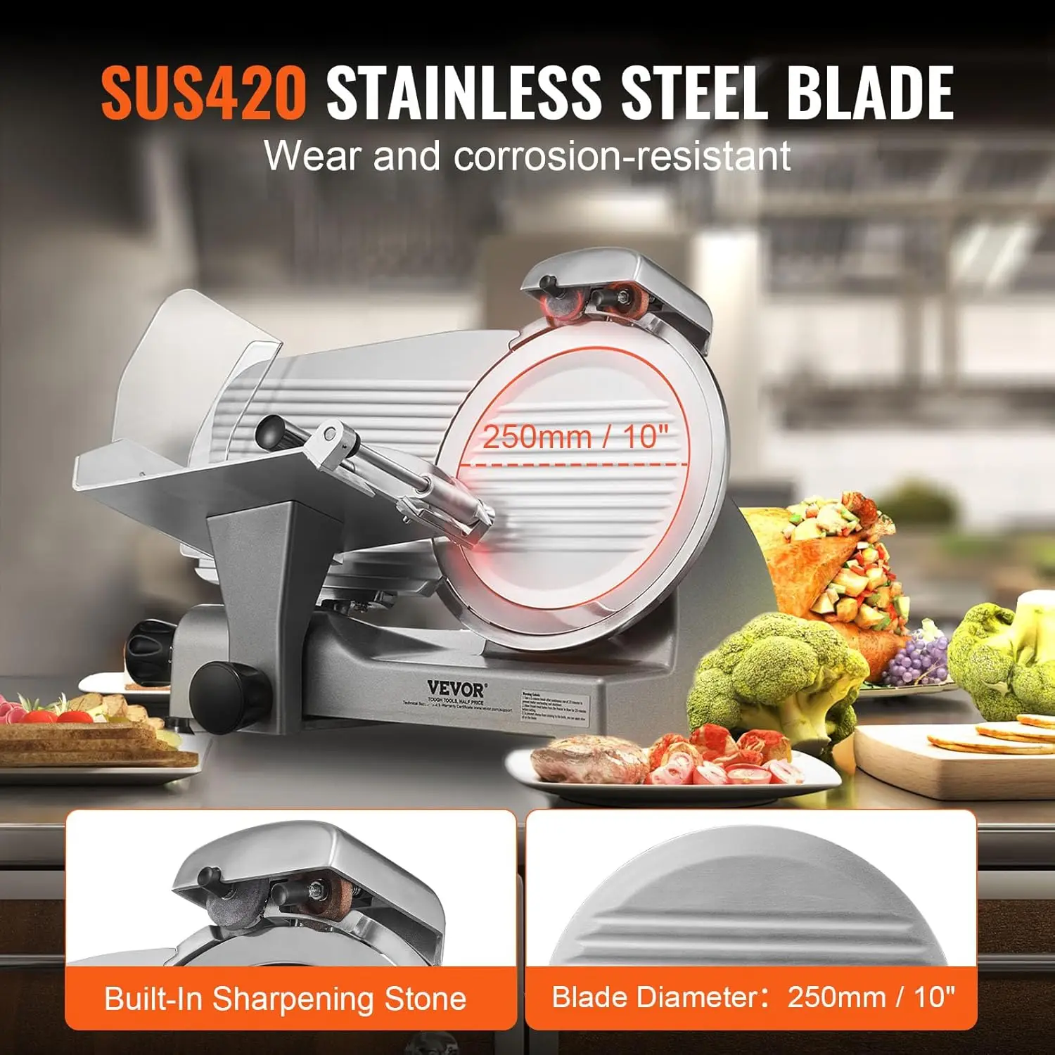 Electric Deli Food Slicer with 10" Stainless Steel Blade and Built-in Sharpening Stone