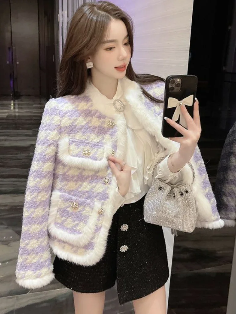 

Women's Cotton Short Coat Commuter Style Overshirt Thickened Jacket Autumn Winter Clothes Imitation Mink Fur Coat Checkered Suit