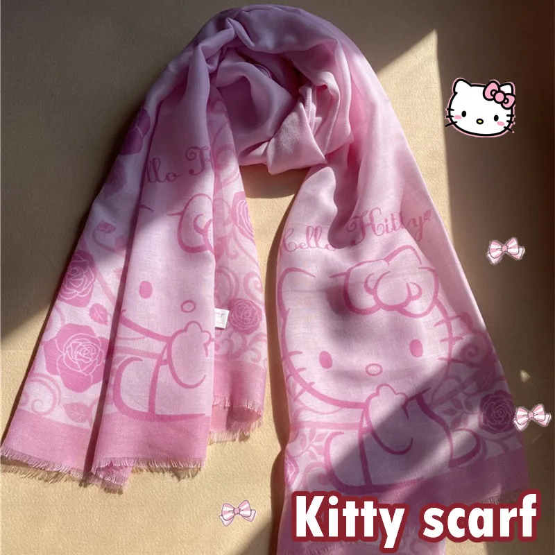 

Soft Pink HelloKitty Scarf Japanese Rose Printed Delicate Silk Scarves Shawl Girl Clothes Accessories Autumn Birthday Gift
