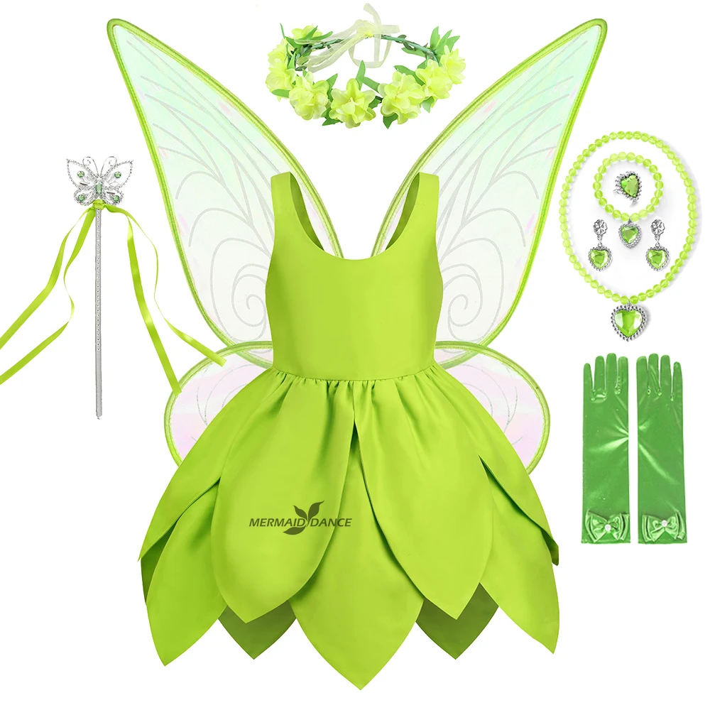 Girls Tinker Bell Costume Halloween Costume for Kids Green Tinkerbell Fancy Dress Birthday Party Fairy Princess Cosplay 2-10Y