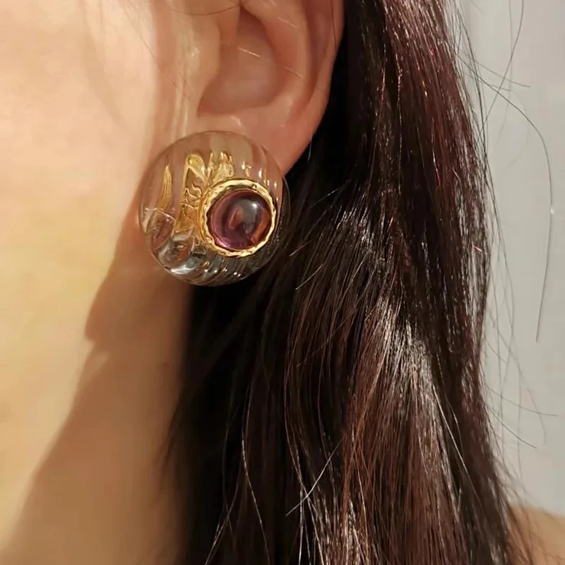 Trendy Jewelry Vintage Temperament Rings Senior Sense Purple Resin Stud Earrings For Women Girl 2024 Trend New Accessories - 2