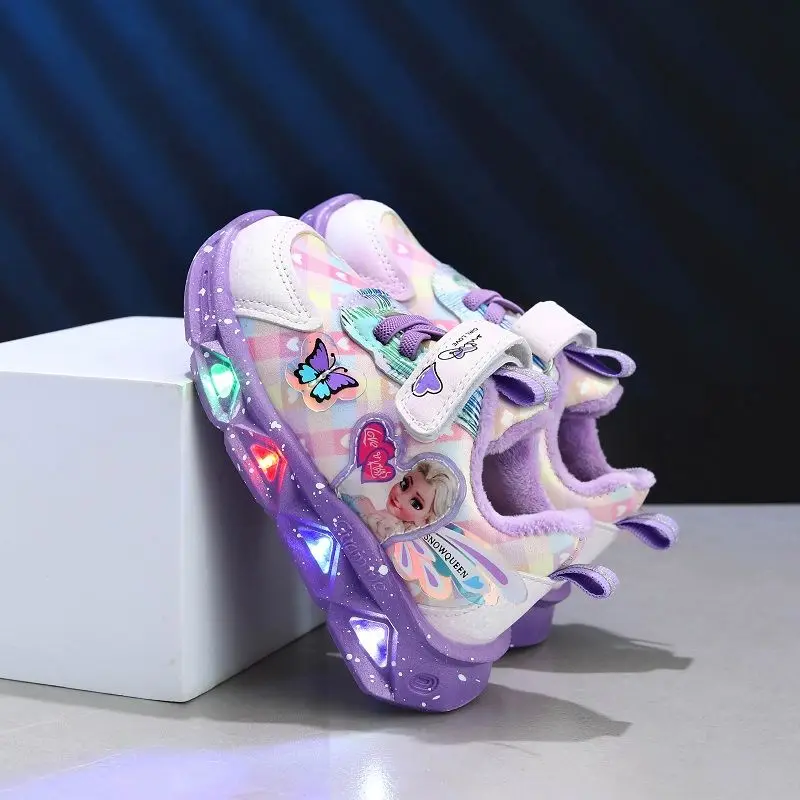 Disney LED Casual Sneakers per ragazze primaverili Frozen Elsa Princess Print scarpe in pelle Pu bambini illuminati antiscivolo rosa viola