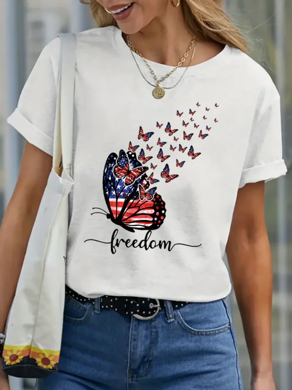 

The Butterflies in The Clouds Funny Print Female T-shirt Freedom Flag Slogan Casual Comfort Women Shirt Gift for Friend Girl Tee