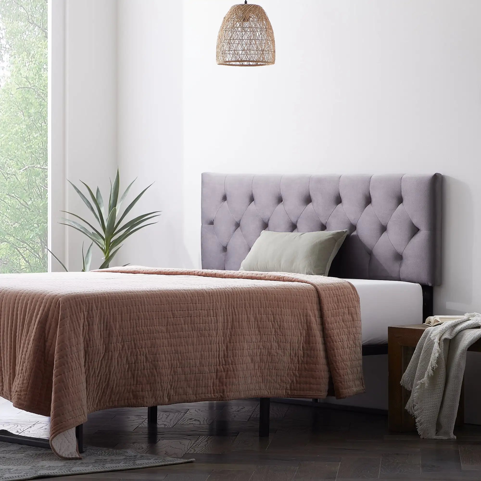 

Tufted Velvet Upholstered Headboard, Queen, Gray