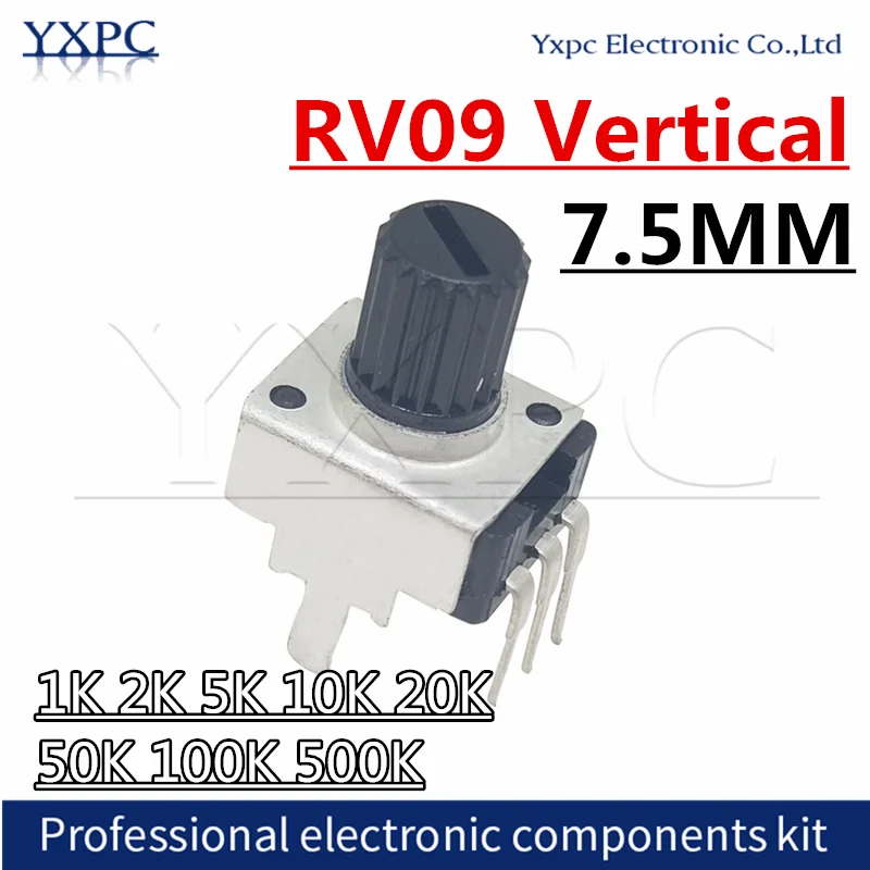 10pcs RV09 Vertical 7.5mm Shaft 1K 2K 5K 10K 20K 50K 100K 500K 0932 Adjustable Resistor 3pin Seal Potentiometer 10pcs rv09 horizontal 12 5mm shaft 1k 2k 5k 10k 20k 50k 100k 1m 0932 adjustable resistor 0932 3pin seal rotary potentiometer