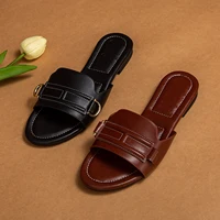 Solid PU Material Vacation Beach Occasion Women's Flat Bottom Slippers Fashionable Classic Women's New Slippers - Image 2