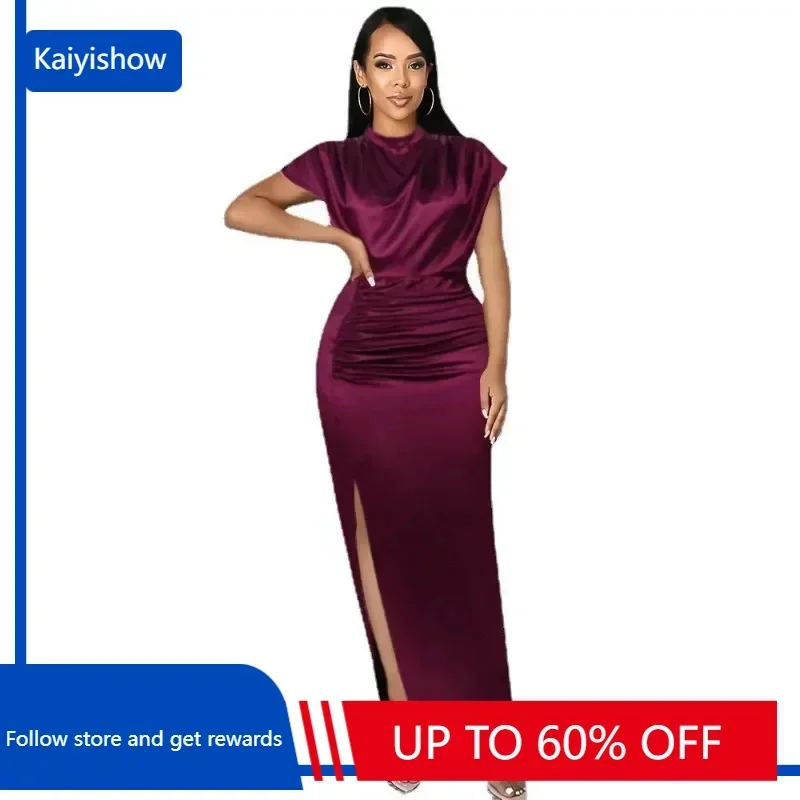 

Women Dress Pleated Long Wine Red Elegant Slit High Collar Slim Fit Sleeveless Maxi Robes Female Shiny Gowns Party 2024 Spring