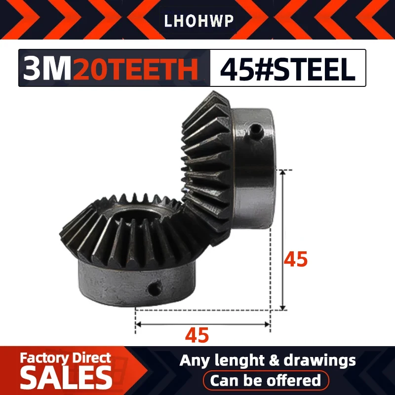 Motor gear transmission gear 1PC Bevel Gear 3M 20Teeth Inner Hole 14/15/16/17/18/19/20/22/24/25/28mm Gear 90 Gegrees Meshing Angle Steel Gears Screw Hole M5