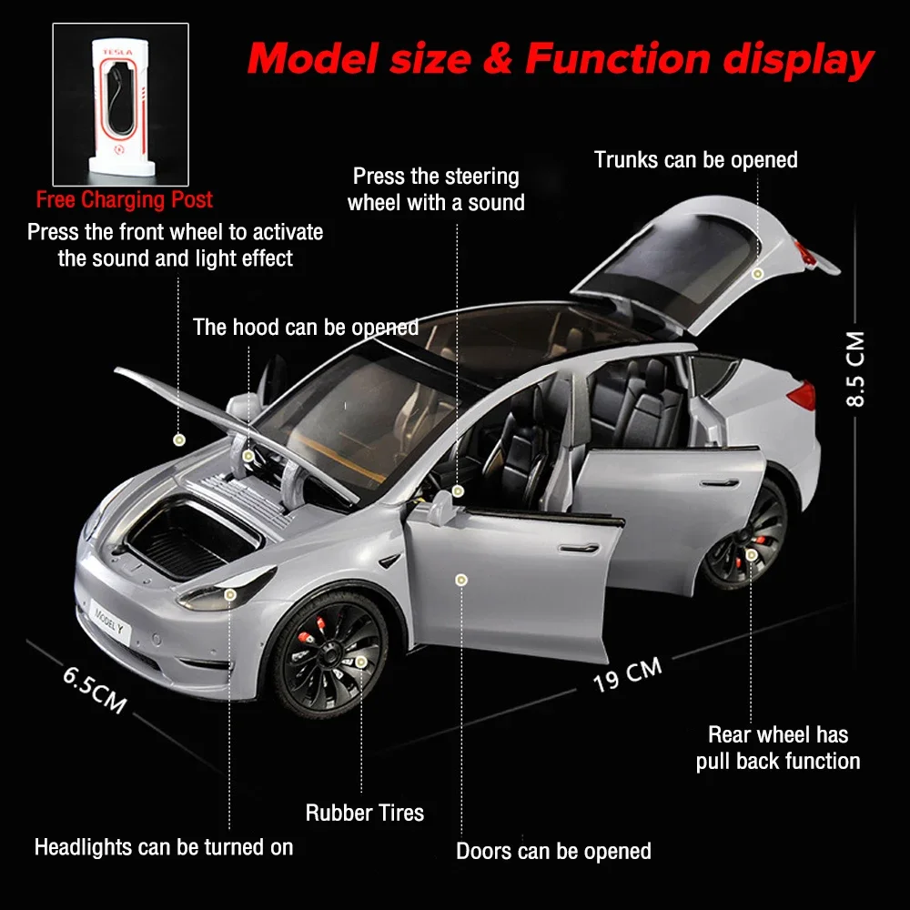 Tesla modèle Y 3 1:24, jouet en métal moulé, avec Pile de