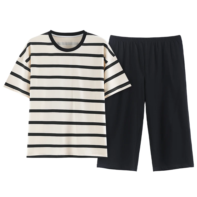 Summer thin short sleeved women's pajamas, pure cotton capris set, cute round neck pullover, striped, simple casual home wear