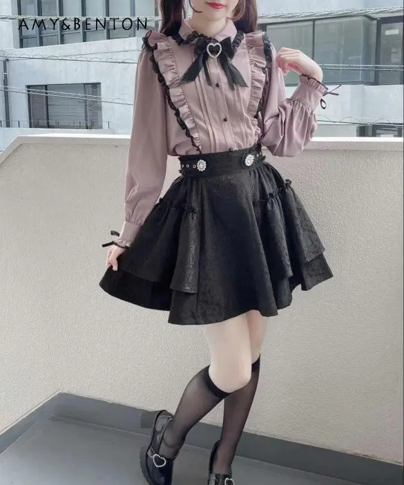 

Lolita Style Jacquard Pleated Skirt Japanese Style Black Mini Skirt Fashion Women's Short Skirt