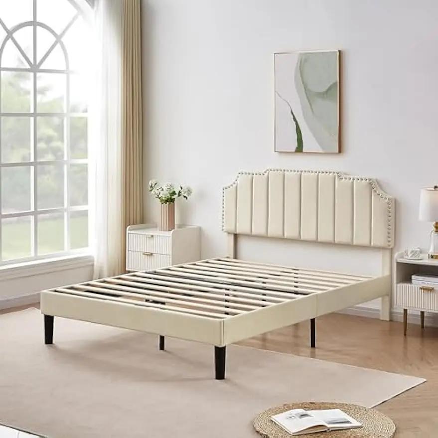 

Queen Size Upholstered Platform Bed Frame With Tufted Adjustable Headboard/Wood Slat Support,Easy Assembly Furniture Home