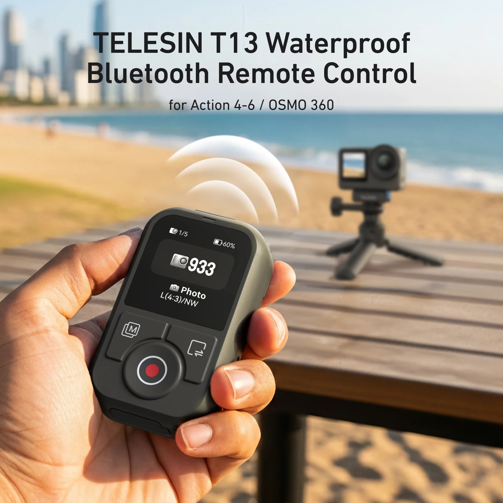 텔레신 60m 블루투스 리모컨 + 손목 스트랩 스크린 디스플레이 (DJI 오즈모 액션 6, 5pro, 4, 오즈모 360 액션6 액션 카메라용)