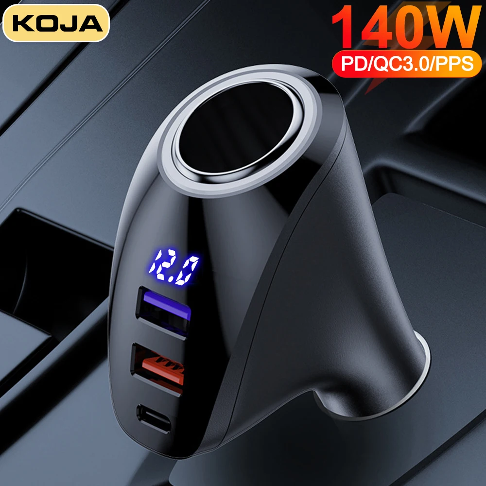 

Car Charger Cigarette Socket 140W LED Display USB Type-C PD20W PPS Quick Charge 3.0 For IPhone OPPO Samsung HUAWE Xiaomi Adapter