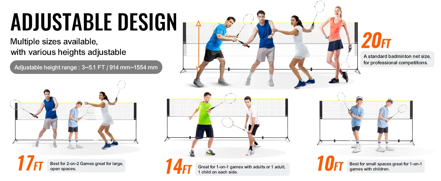 SucceBuy 20FT Badminton Net Height Adjustable Volleyball Net Wide Foldable Pickleball Net Portable Tennis Net Set w/Poles Stand