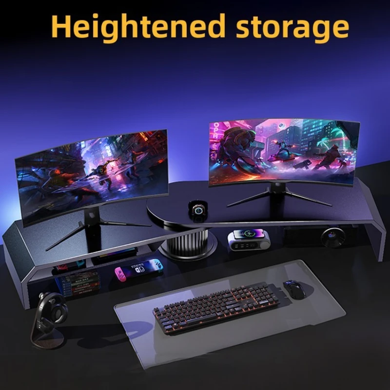 Dual Monitor Riser Stand for Two Computers, Adjustable Corner Desk Organizer, Laptop Holder, Desktop Storage Shelf