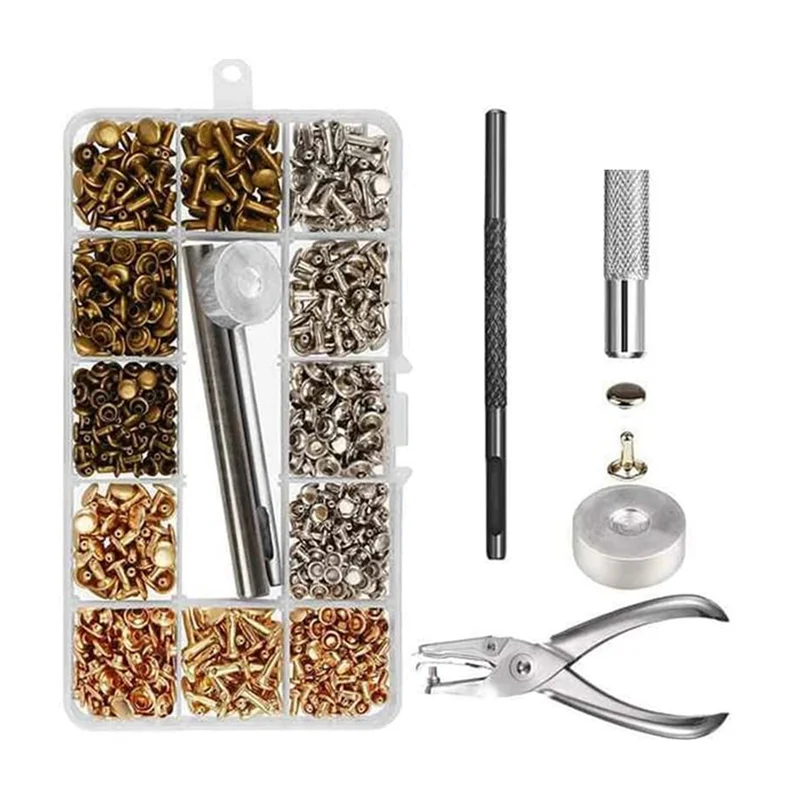 ABLN-가죽용 리벳, 600세트 더블캡 리벳 3가지 사이즈 3가지 색상 및 8가지 고정 도구 DIY 가죽 공예 의류 부츠 가방용