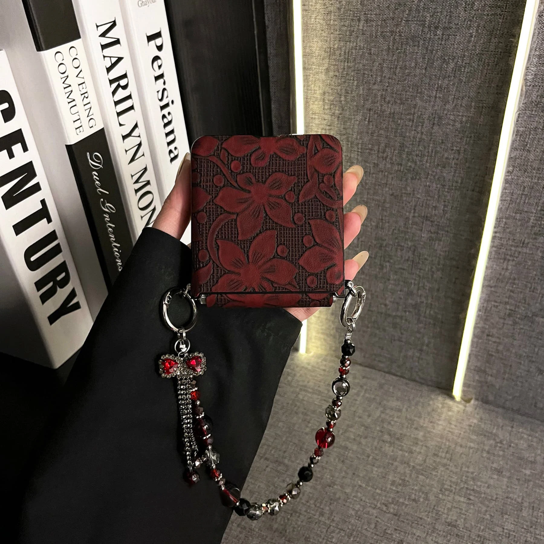 Luxury Dark Red Flower Tassel Crystal Bow Bracelet Phone Case - Stylish Back Cover