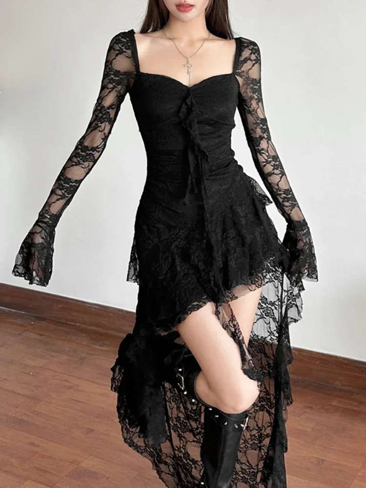 AltGoth Mall Goth Fairycore Dress Women Vintage Aesthetic Elegant Sweet Sexy See Through Irregular Hem High Waist Corset Dress 2