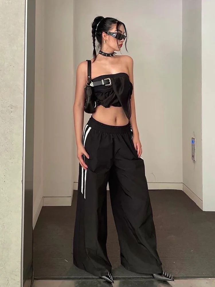 HOUZHOU Vintage Y2k Baggy Sweatpants Women Hip Hop Black Elastic Waist Oversize Wide Leg Pants Side Stripe Trousers Streetwear