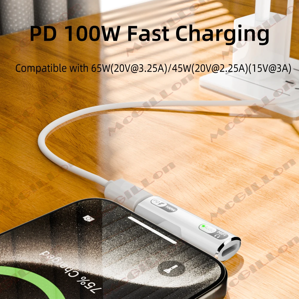 2 in 1 Type C to Type-C Headphone Charging for iOS AUX Audio Adapter PD100W USB C to iPhone HiFi Earphone Connector for iPad