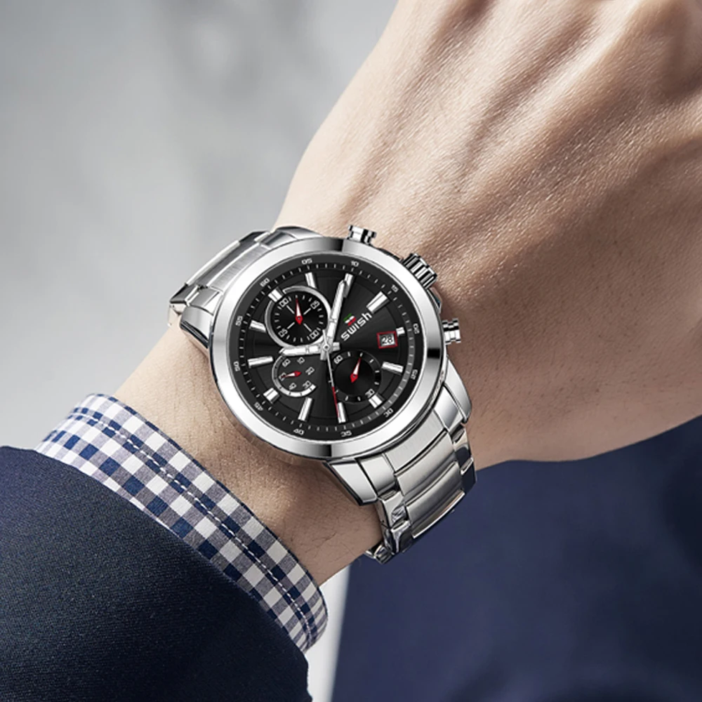 SWISH 2023 NEW Calendar Watch for Men Date Chronograph Clock Fashion Wristwatch Sport Quartz Relogio Masculino Military Steel