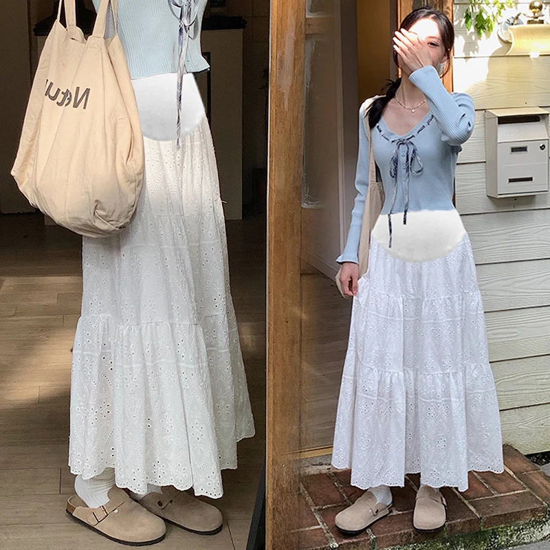 Korean Style Good Quality Maternity Belly Skirts Sweet Pregnant Woman A-line Skirts White Pregnancy Lace Umbrella Skirt