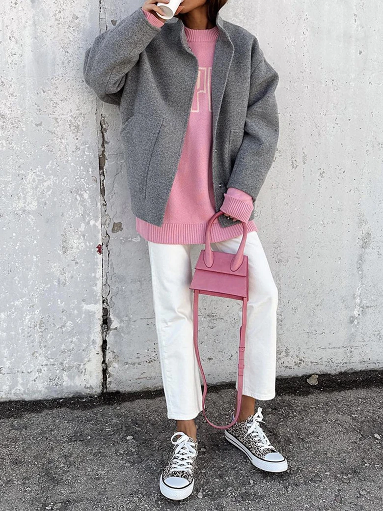

Autumn And Winter New Solid Color Woolen Coat Medium Single Breasted Lady's Coat Fashion Stand Collar Commuter Style Thick Coat