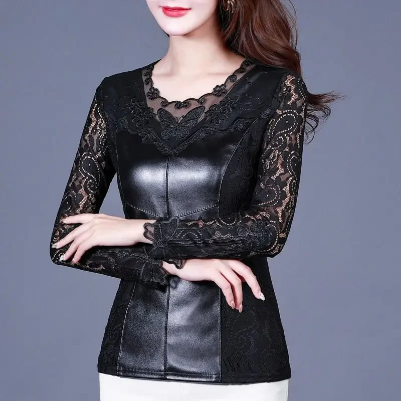 1pcs Women's Blouses Tops 2024 Spring Lace PU Leather Embroidery Splicing Hollow Long Sleeve Primer Ladies Skinny Retro Shirts