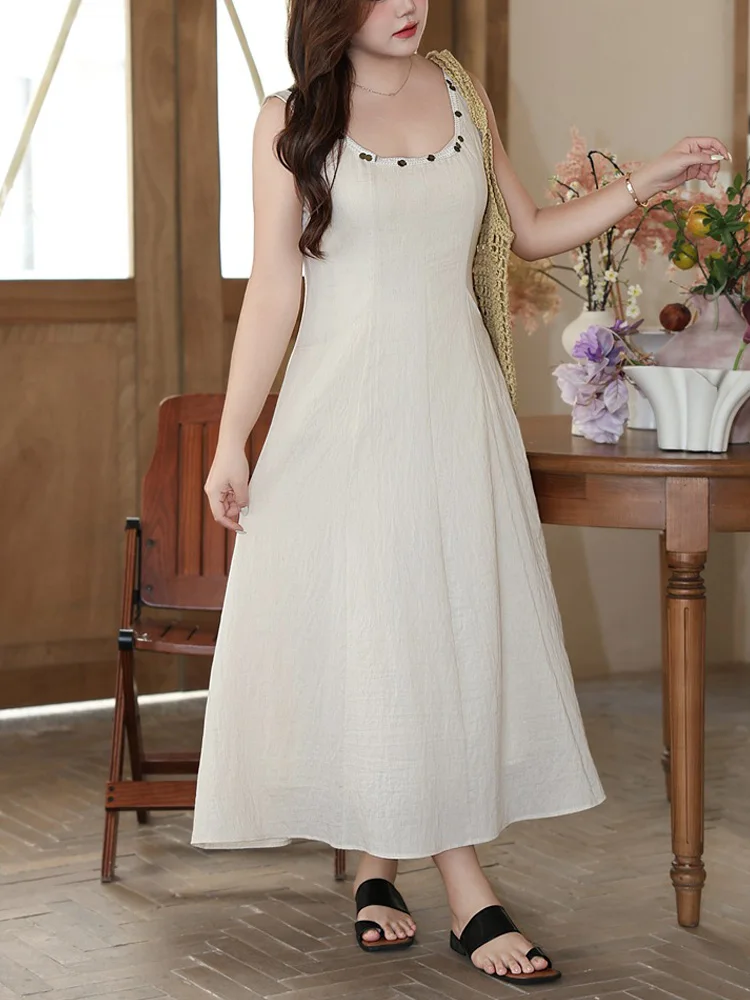Casual Old Sequined Style U-neck Dress Plus Size Women Premium Wide Shoulder Strap three-dimentional Cut Vacation Linen Dress