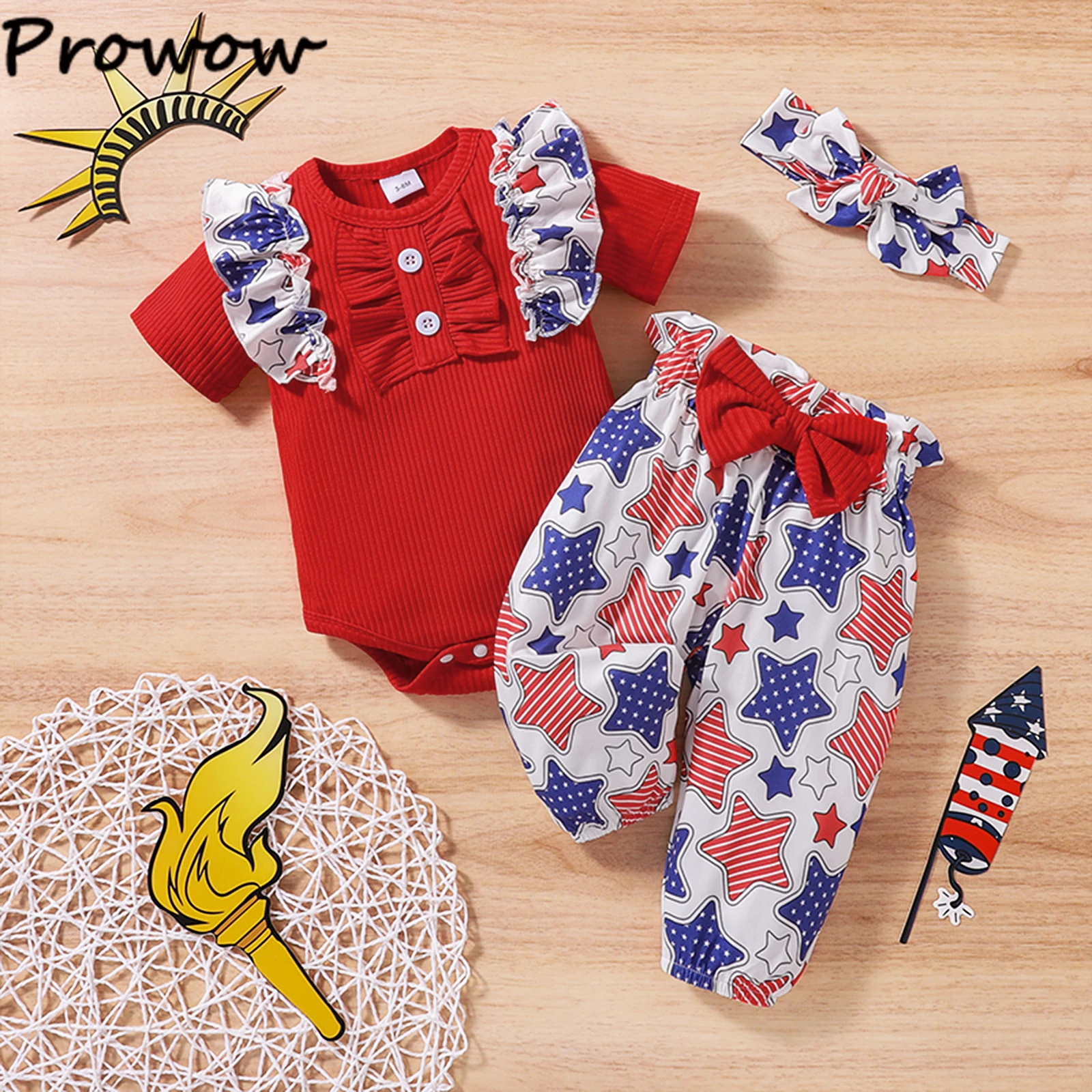 Baby Clothing Set comfotable Prowow 0-18M My First 4th Of July Romper Ruffles Bodysuit+Stars Pants 3pcs Suit Independence Day Outfits Baby Kids Clothing baby dress set for girl