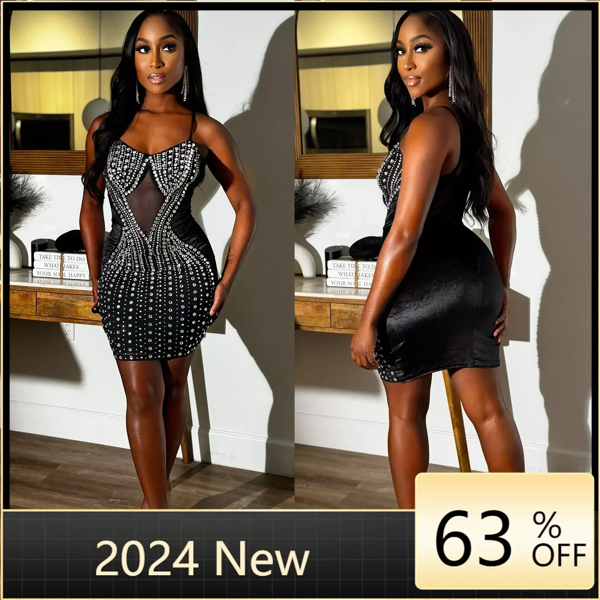 

Clothing 2024 Mesh See Though Diamonds Spider Pattern Strap Sleeveless Bodycon Midi Dress for Women Birthday Sexy Club Party