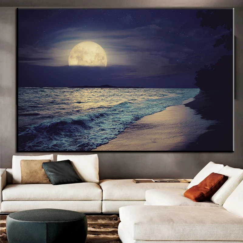 

Nordic Sea Beach Poster Full Moon with Cloud Over Seascape In Night Sky Canvas Print Painting Wall Art Picture Living Room Decor