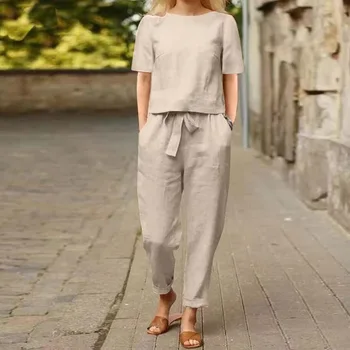 Casual Elegant Ladies 2 Piece Sets Fashion Spring Cotton Linen Women's Tracksuit Suit Long Sleeve Top Loose Pants Set Female 1