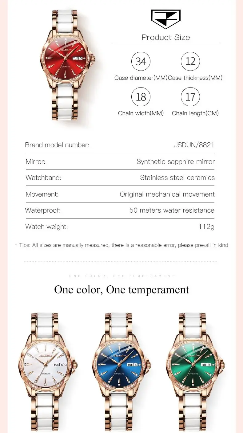 JSDUN 8821 Automatic Watch For Women Ceramic Steel Strap Dual Calendar Ladies Mechanical Wristwatch Classic Waterproof Watches