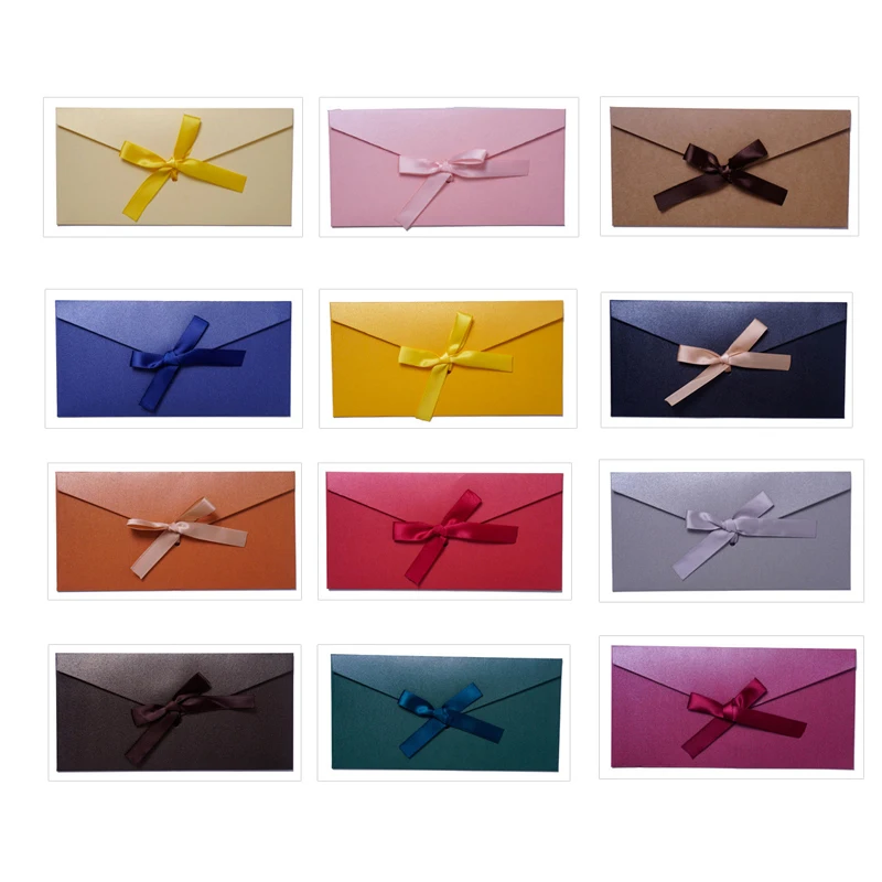Paper Envelope Bow Thick Ribbon Greeting Card Bags for Wedding Invited Gift Postcards 10Pcs/Set greeting cards,wedding envelopes