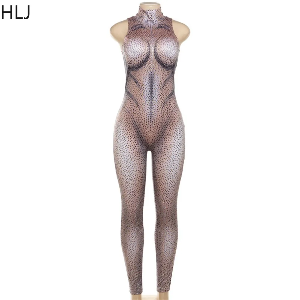 HLJ Spring New Rhinestone Bodycon Party Nigtclub Jumpsuits Women O Neck Sleeveless Slim Playsuits Fashion Female Print Overalls