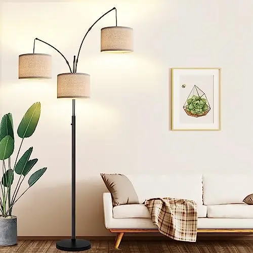 

Floor Lamp - 3 Lights Arc Floor Lamps for Living Room, 1000LM Modern Tall Standing Lamp With Beige Shades & Heavy Base, Mid