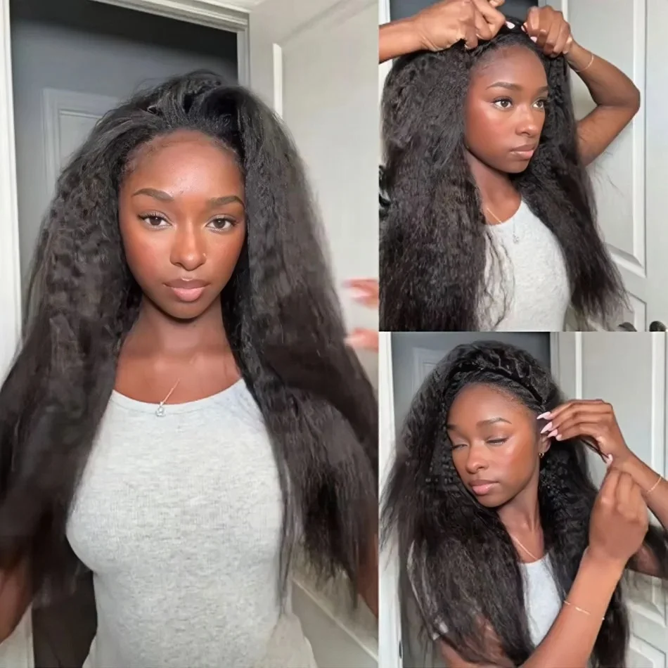 3 IN 1 Kinky Straight Half Wigs Ready to Wear Kinky Straight Half Wigs Human Hair Flip Over Wig Drawstring Glueless 250 Density 2