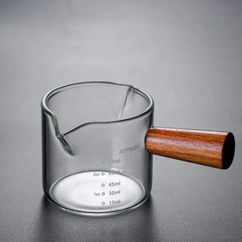 Wood Handle Glass Espresso Measuring Cup Double Single Mouth Milk Jug Heat-resisting Coffee Shot Glass Scale Measure Mugs measuring cup coffee extraction cup