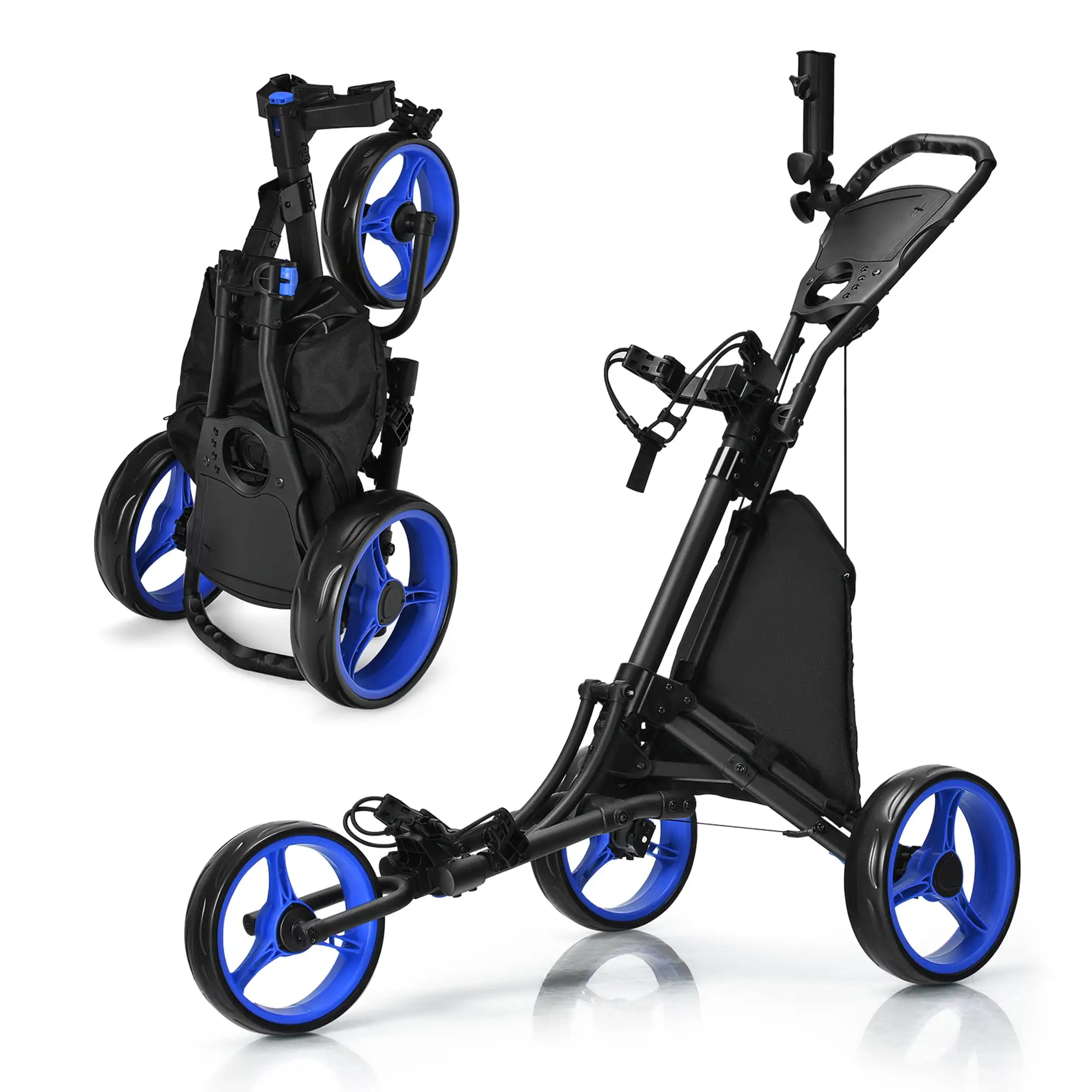 

Gymax Foldable 3-Wheel Golf Push and Pull Cart Trolley with Adjustable Handle, Blue