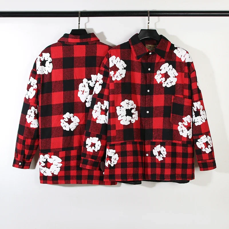 

Vintage Kapok Embroidered Plaid Shirt for Men and Women Streetwear Damaged Tassel Patchwork Casual Blouses Oversized Clothes